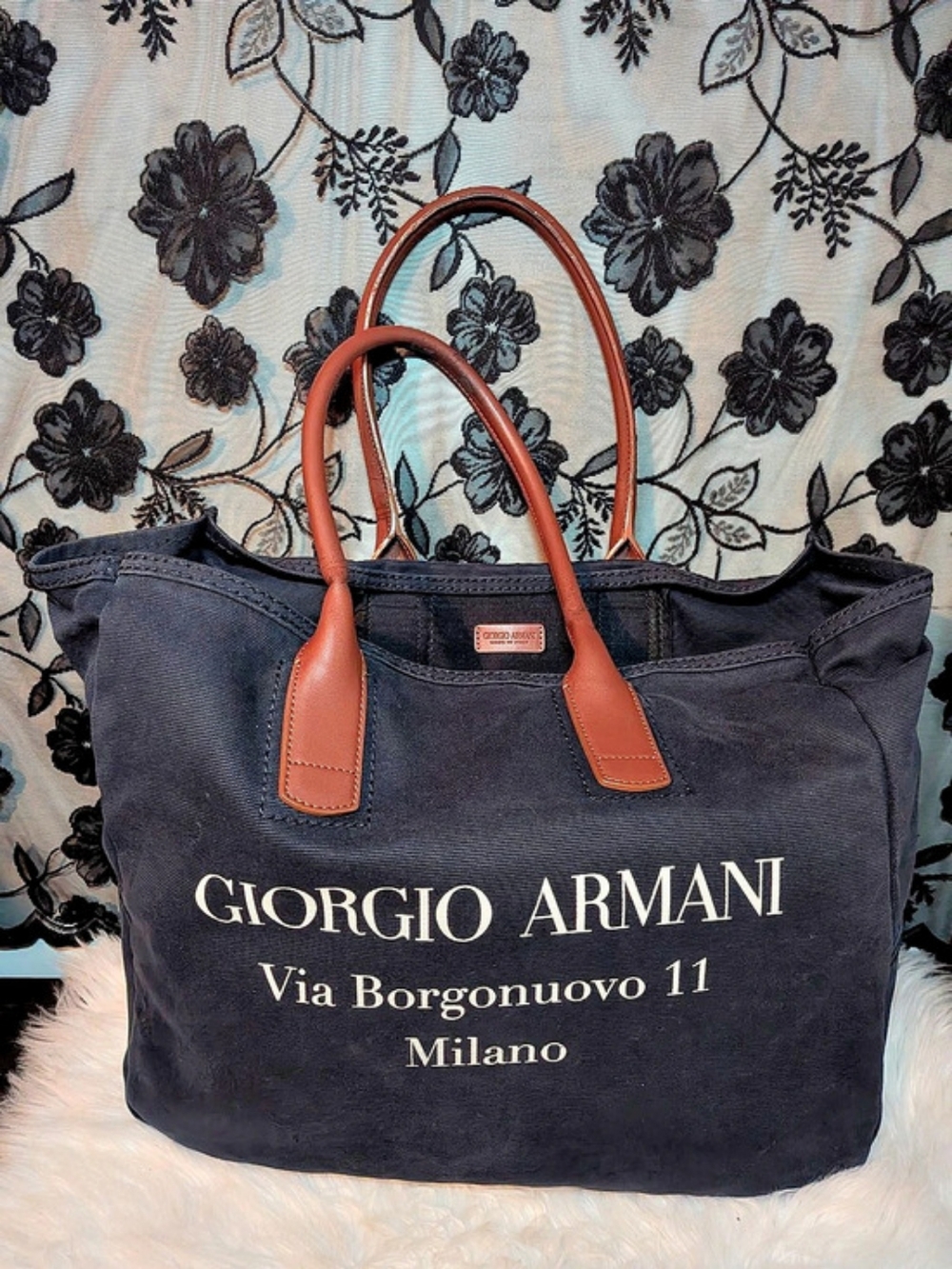 Giorgio Armani Tote Bag Navy Blue & Brown